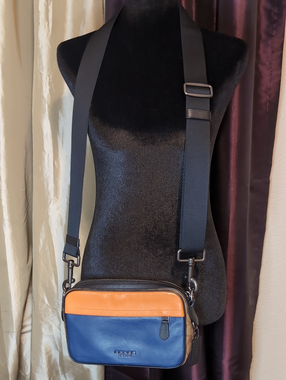 Coach Men’s Leather Colorblock Messenger Bag — Blue, Orange, Black